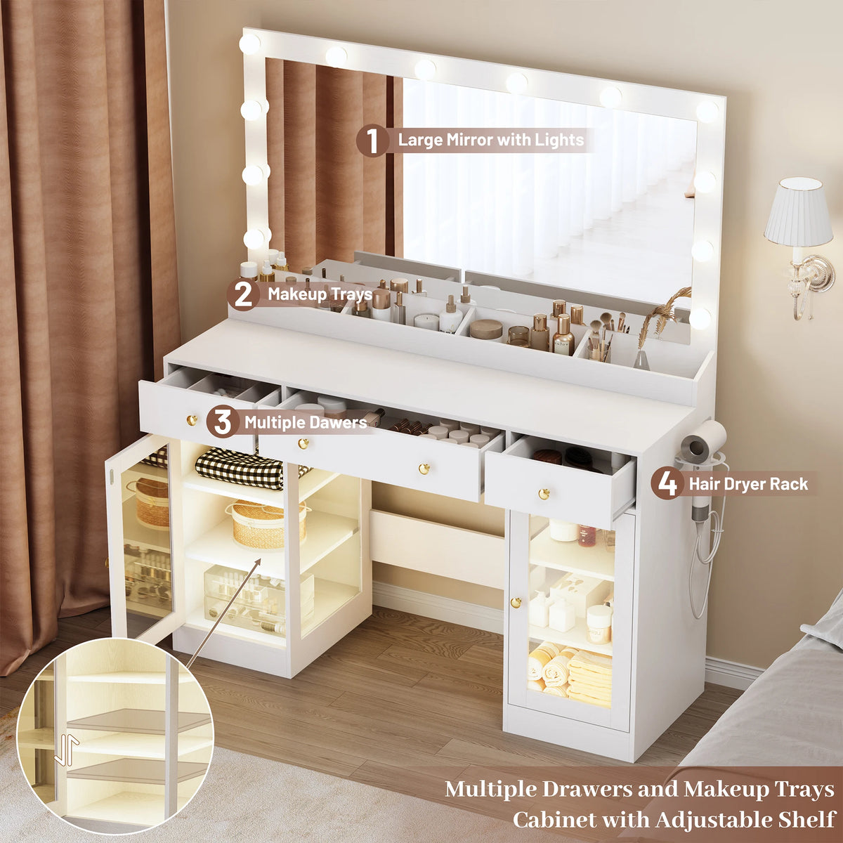 Makeup Vanity With Large Mirror And Lights USB Charging Station