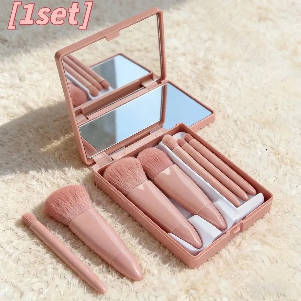 Makeup Brush Set With Compact Mirror And Soft Bristles