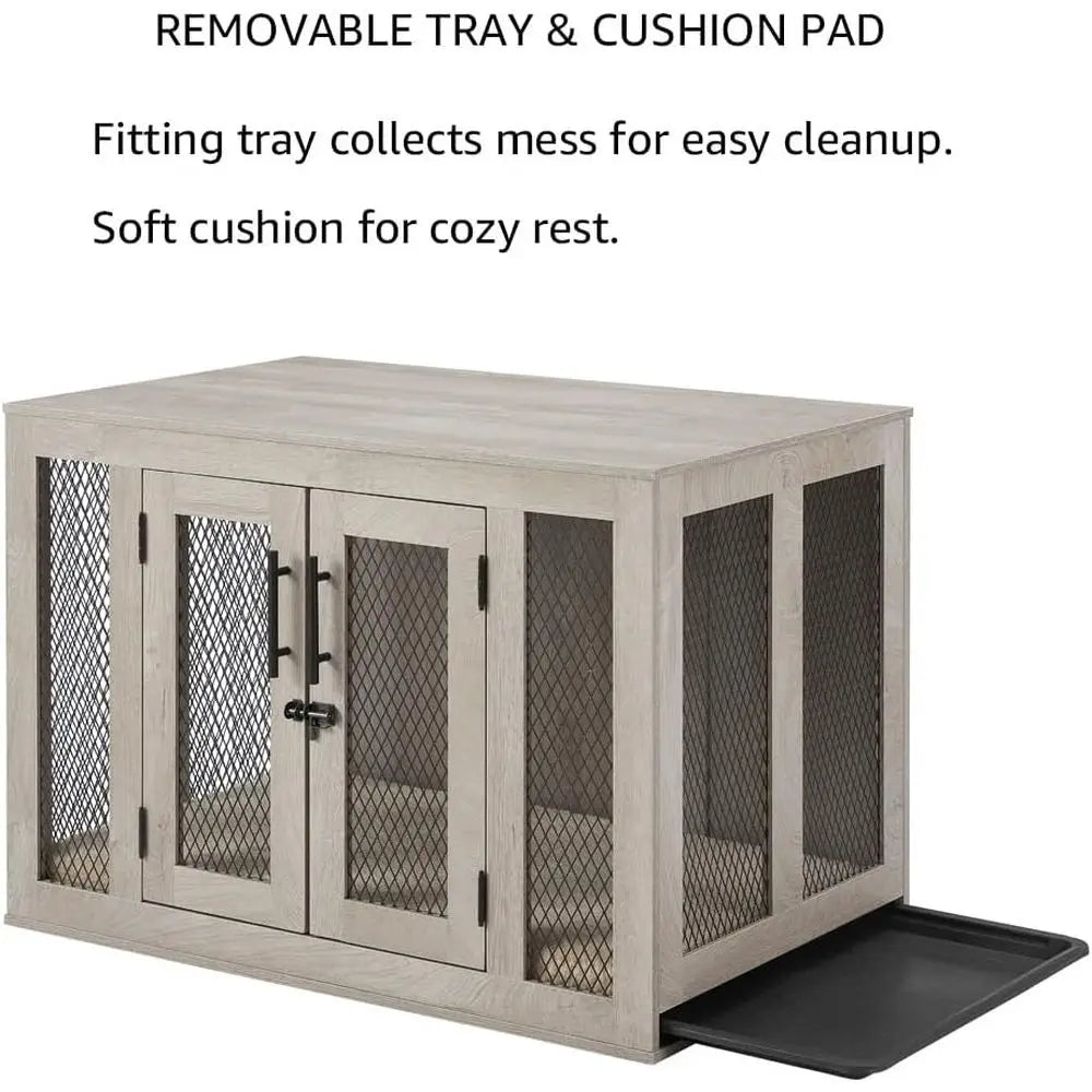 Mesh Indoor Dog Crate With Cushion Tray And Engineered Wood End Table Style Kennel
