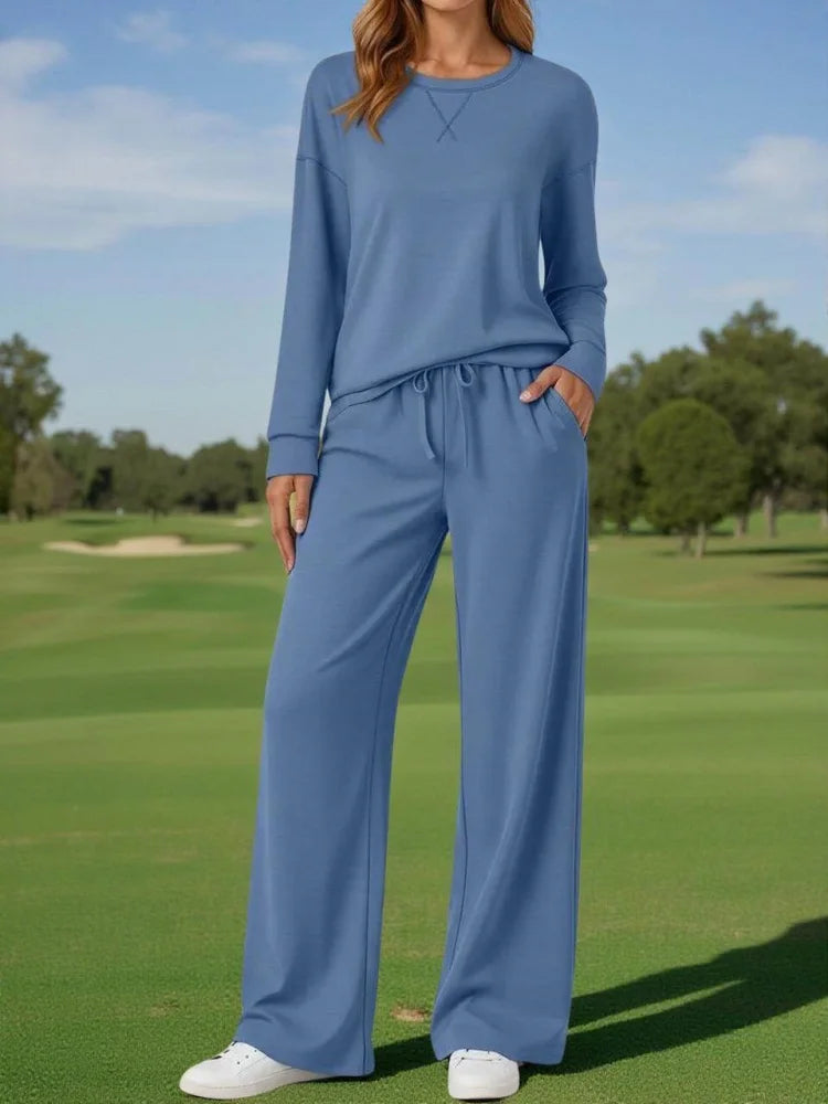 Women's Polyester Knit Two-Piece Set With Long Sleeve Top And Wide Leg Trousers