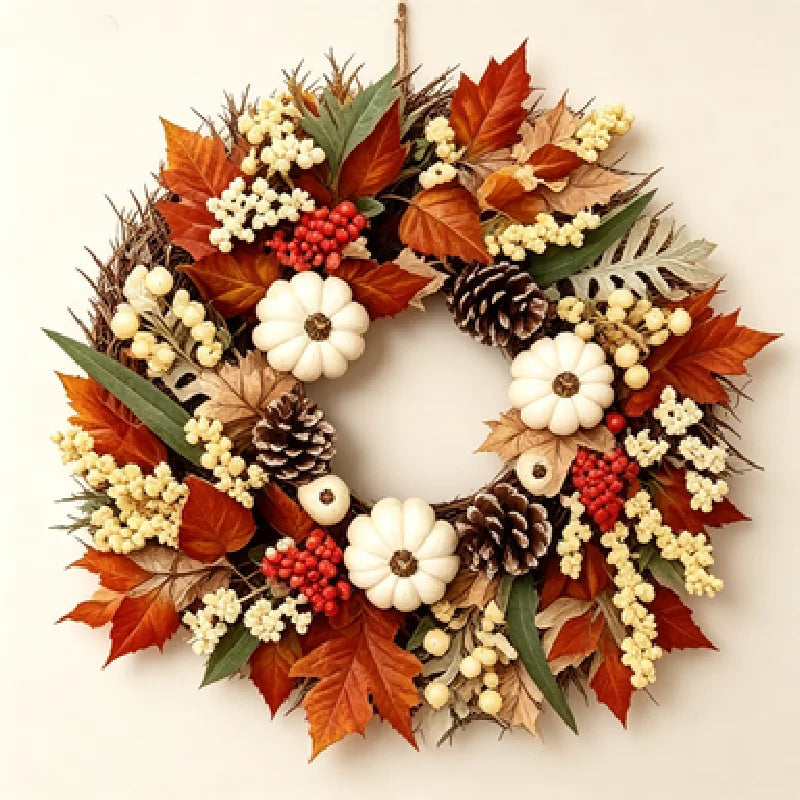 Autumn Harvest Wreath With Pumpkins Pinecones Maple Leaves