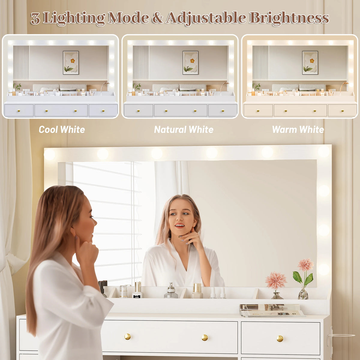 Makeup Vanity With Large Mirror And Lights USB Charging Station