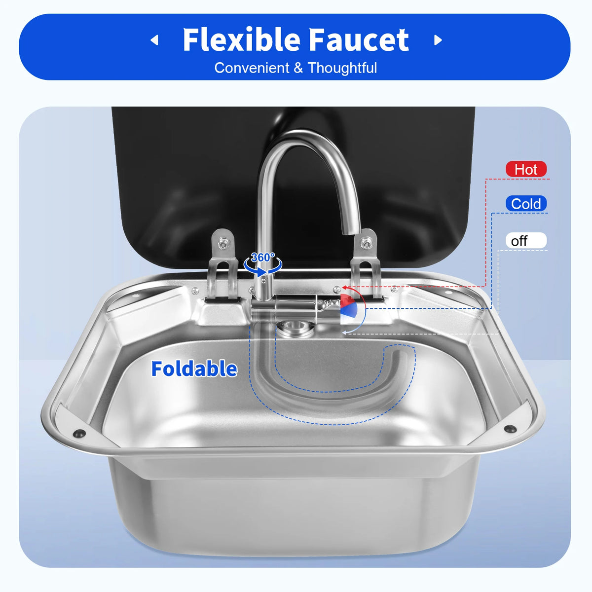 RV Sink With Foldable Tempered Glass Cover And Faucet Stainless Steel Camper Van