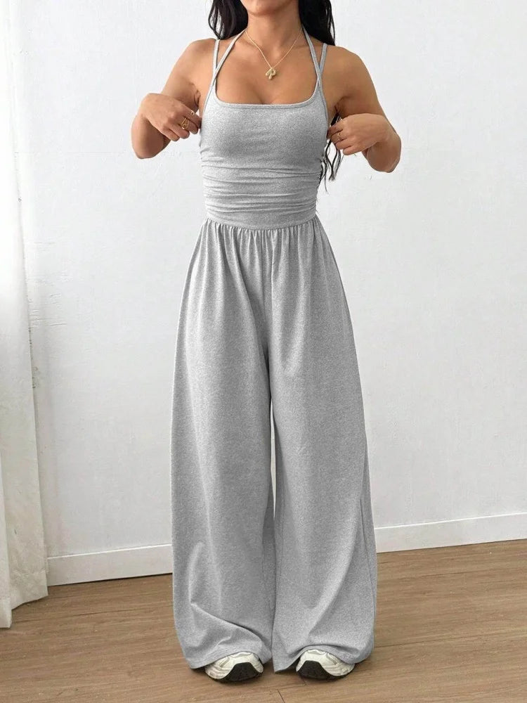 Women's Polyester Solid Square Neck Ruched Waist Wide Leg Jumpsuit