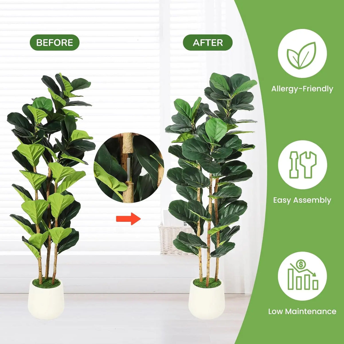 HiMISS Artificial Fiddle Leaf Fig Tree With Pot Faux Greenery