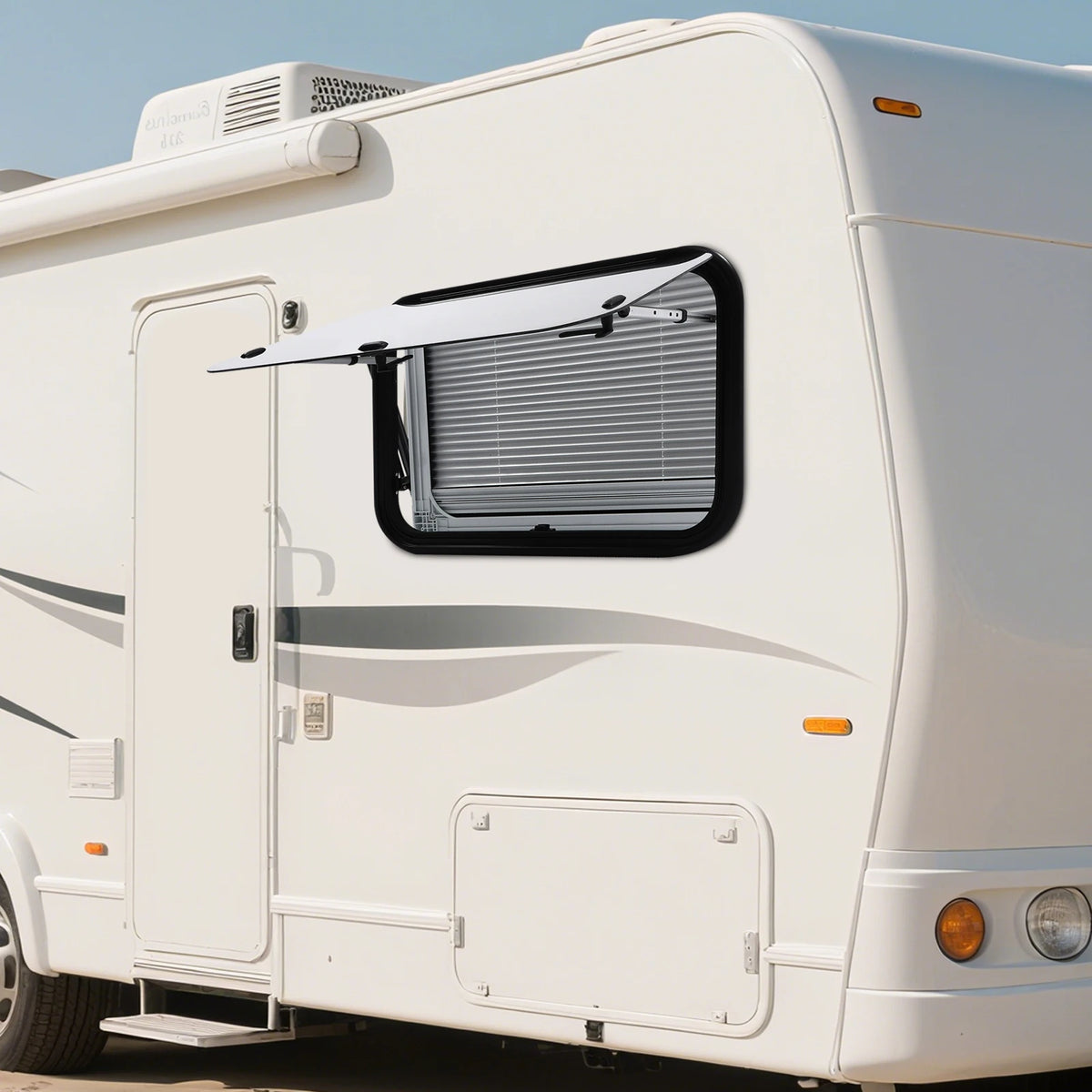 RV Window Hinged With Insect Screen Roller Shade Aluminum Frame