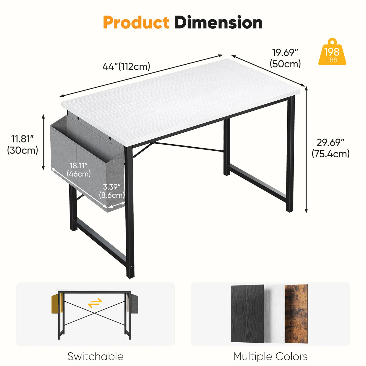 JHK Computer Desk With Storage Bag Metal Frame Wood Tabletop