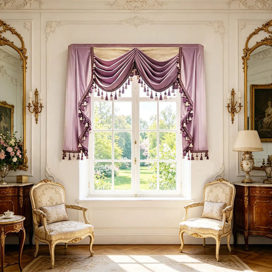 Luxury Purple Velvet Swag Valance with Tassel Fringe, Vintage European Royal Window Curtain Valance, Elegant Decorative Drape Top for Villa Living Room Bedroom