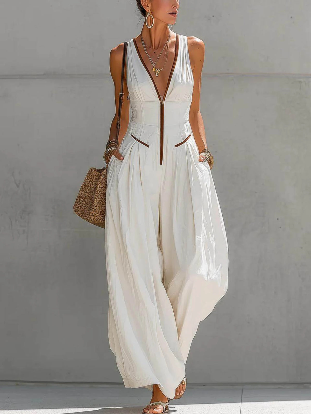 Women'S Sleeveless V Neck Zipper Wide Leg Polyester Jumpsuit