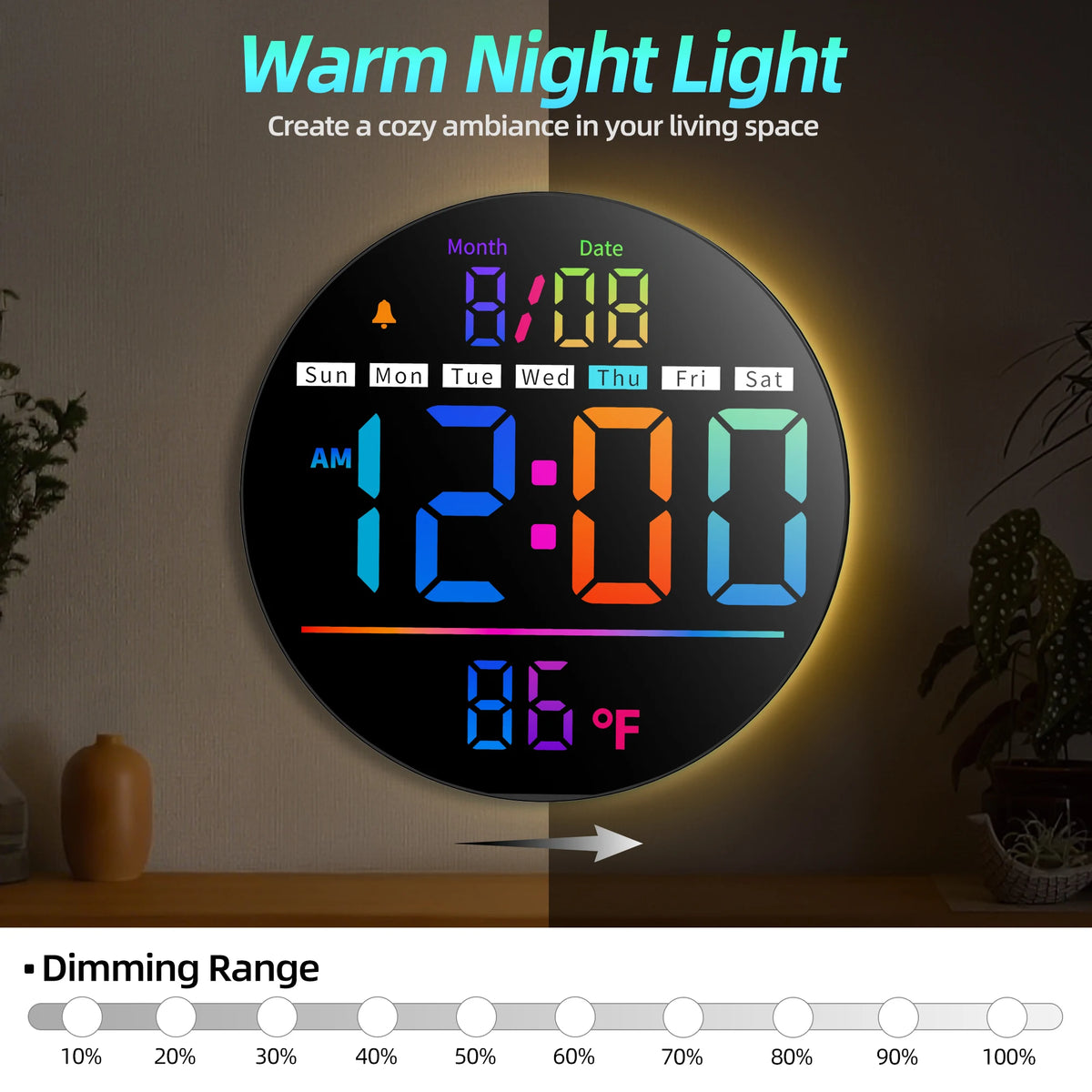 LED Wall Clock With Timer Temperature Date Night Light Alarm