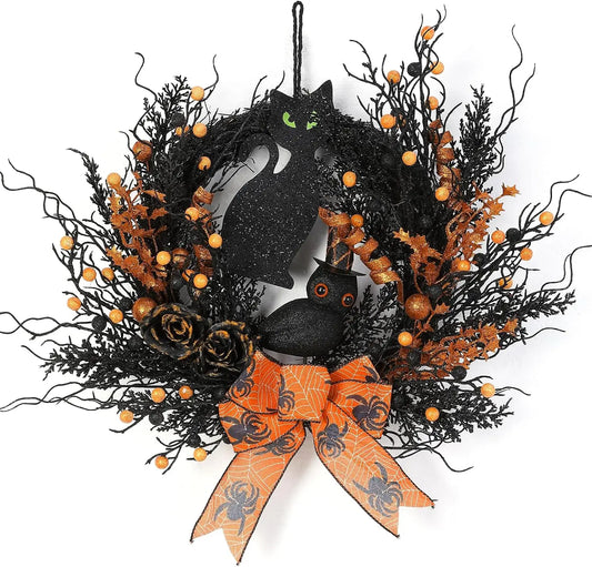 TWISTER CK Halloween Gothic Wreath With Owl Cat And Rose