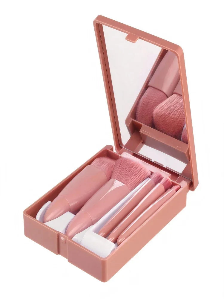Makeup Brush Set With Compact Mirror And Soft Bristles