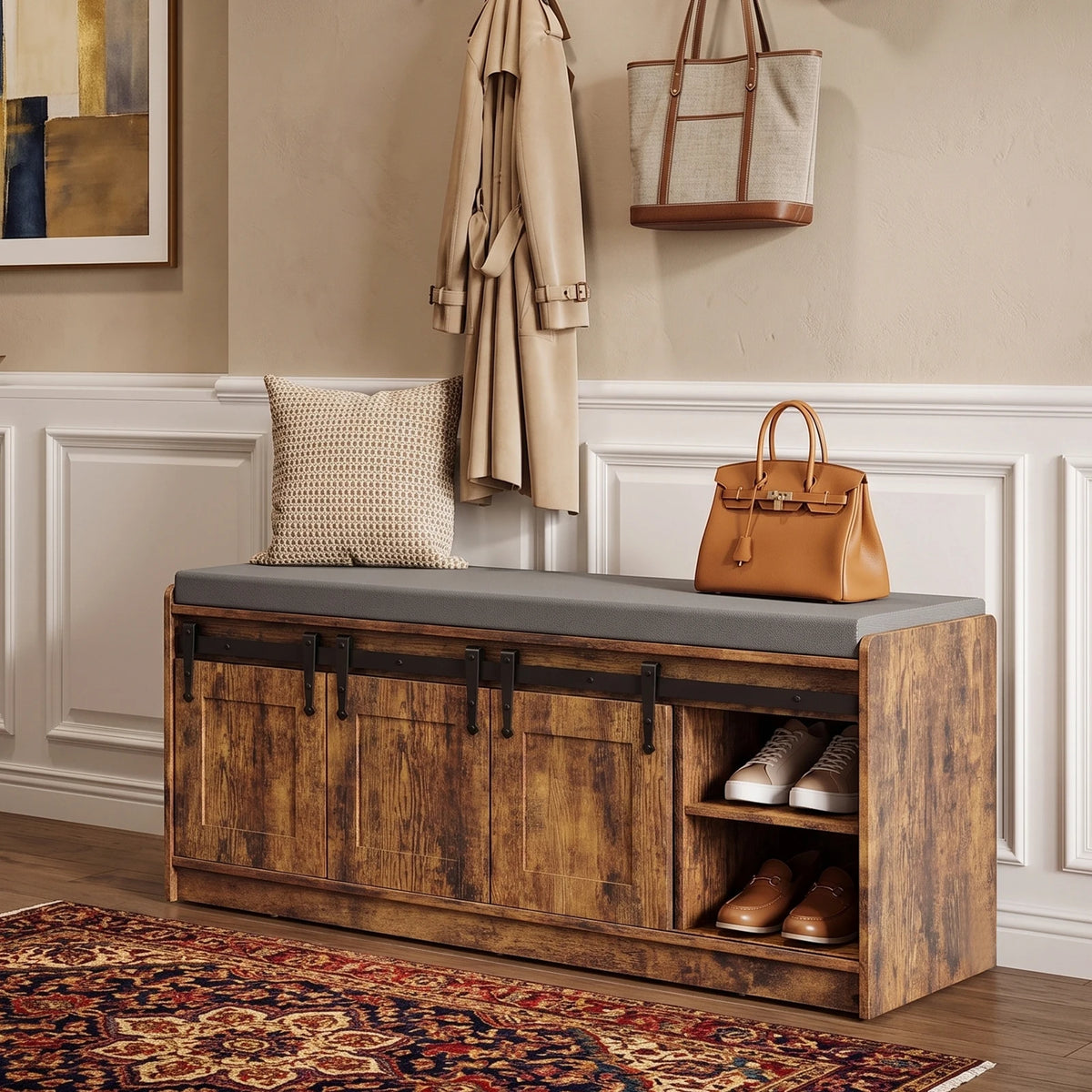 TinyNest Shoe Storage Bench With Linen Cushion Entryway Cabinet