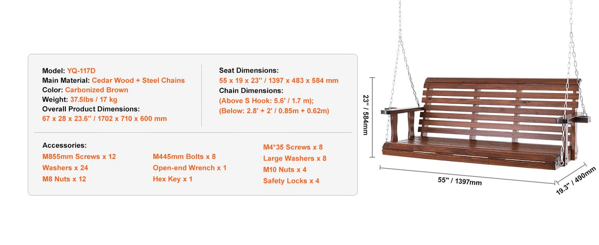 SucceBuy Cedar Wood Porch Swing Outdoor Bench With Steel Chains