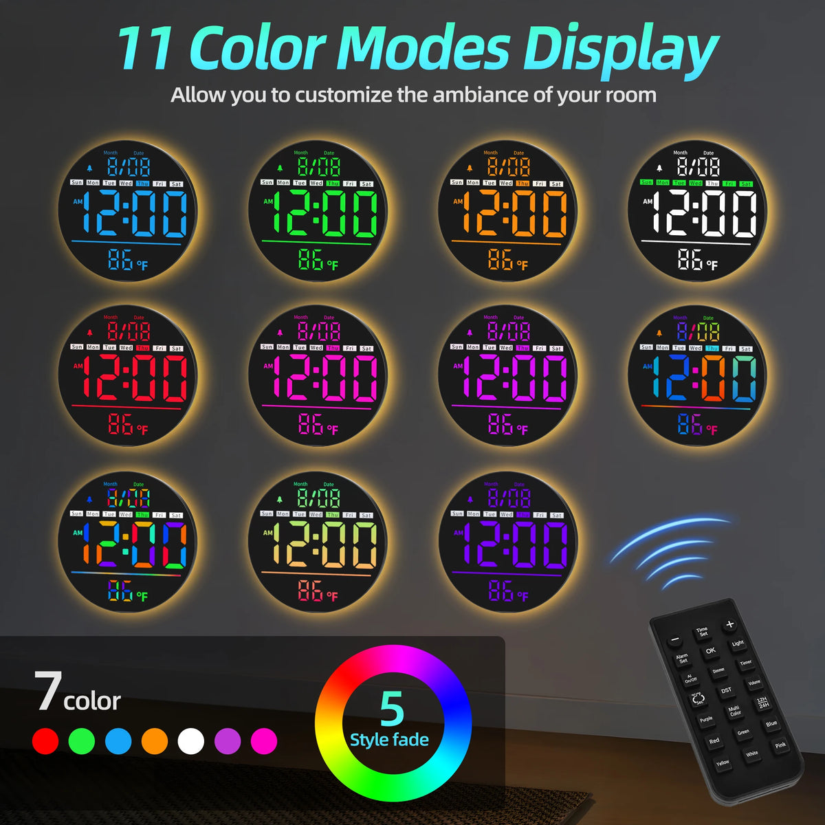 LED Wall Clock With Timer Temperature Date Night Light Alarm