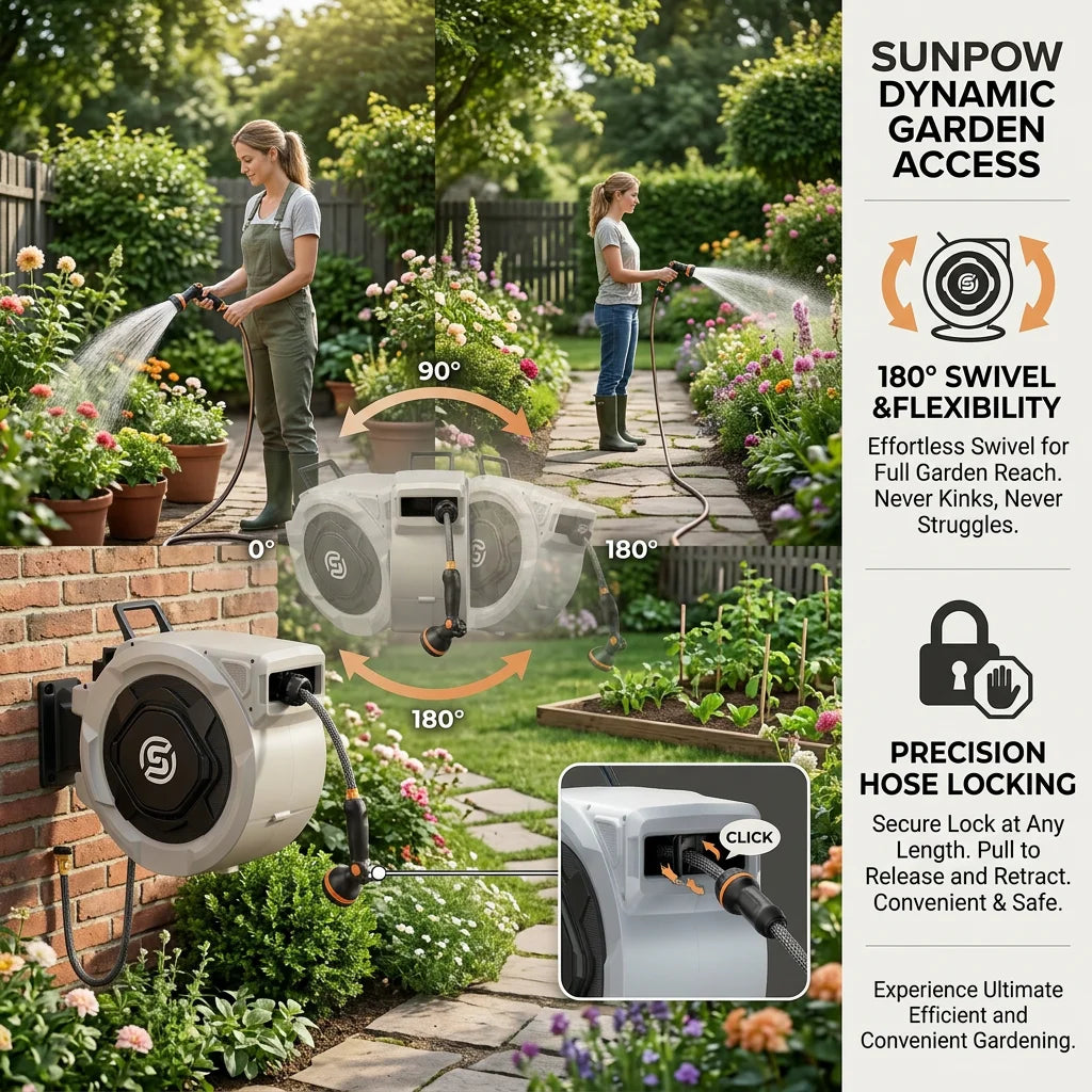 SUNPOW Retractable Garden Hose Reel,5/8in×100FT Wall‑Mount Heavy‑Duty Reel,Any Length Lock,Pulley Guide Rail System,Leak‑Proof 3/4in Brass Fitting,10‑Function Spray Nozzle,180° Swivel Bracket,Auto Rewind for Garden