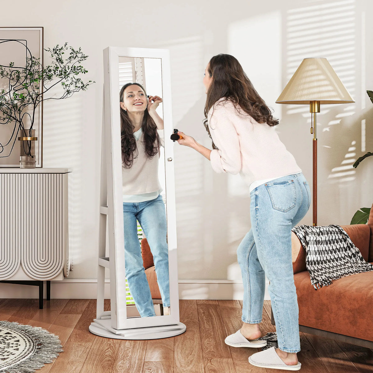 360 Degree Swivel Jewelry Cabinet Armoire With Lockable Full Length Mirror