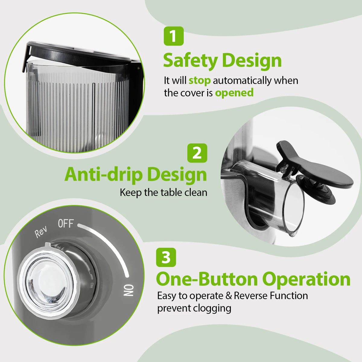 Cold Press Juicer 50 RPM 4.9" Whole Fruit No Cut Easy Clean with Safety Lock Reverse Function