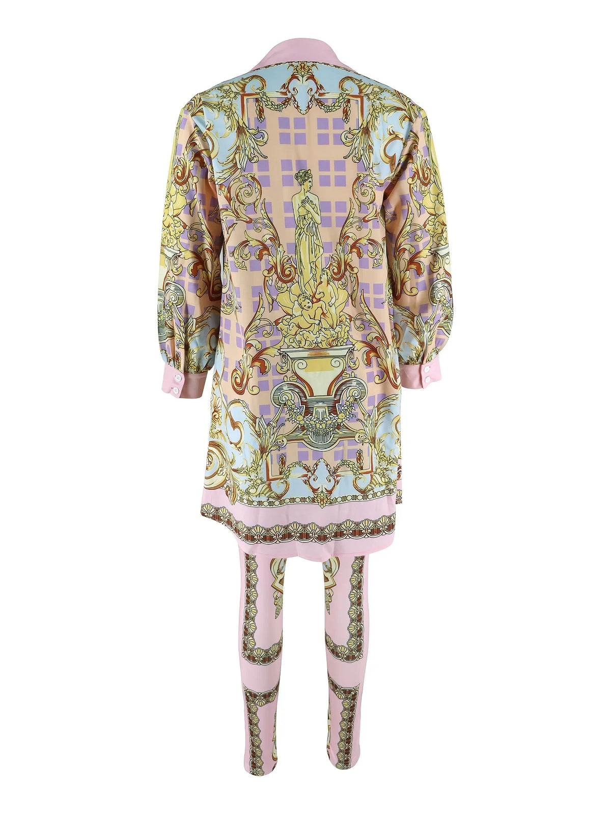 Elegant Women Two Piece Knit Jersey Matching Set With Ornate Print Button Shirt Top And Pants