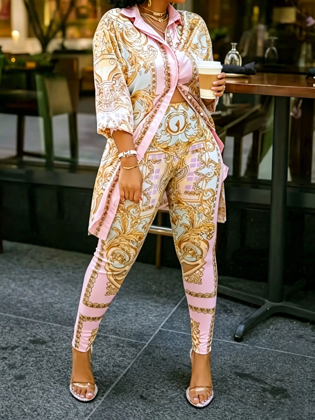 Elegant Women Two Piece Knit Jersey Matching Set With Ornate Print Button Shirt Top And Pants