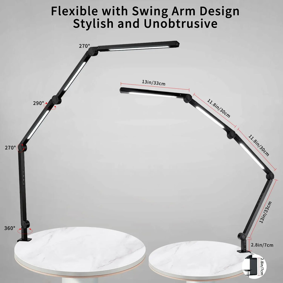 LED Desk Lamp Clamp Flexible Swing Arm 3 Light Sources 4 Color Modes 5 Brightness