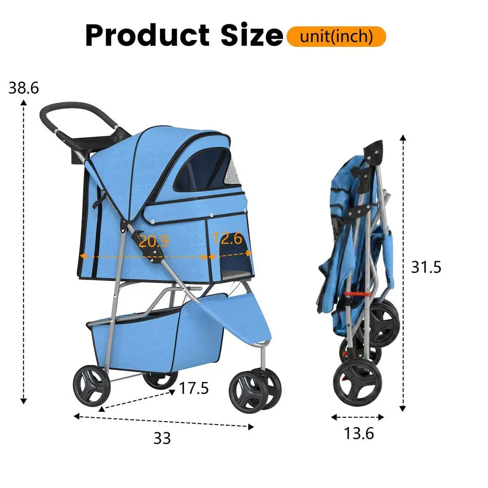 3 Wheel Lightweight Pet Stroller With Mesh And Storage