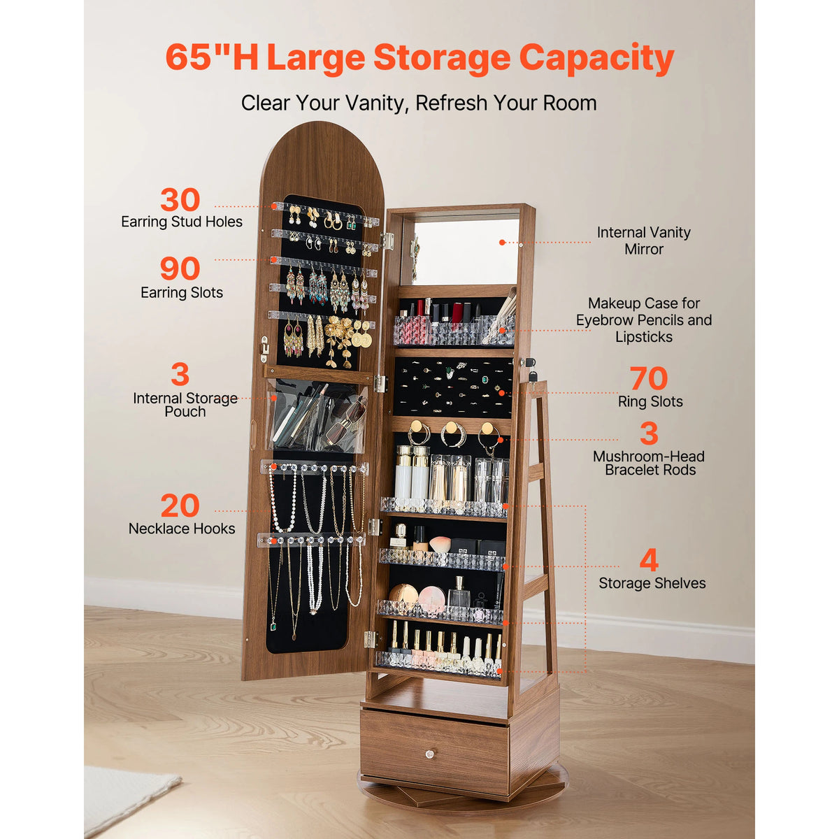 SucceBuy 360 Degree Swivel Jewelry Cabinet With Lockable Mirror Armoire