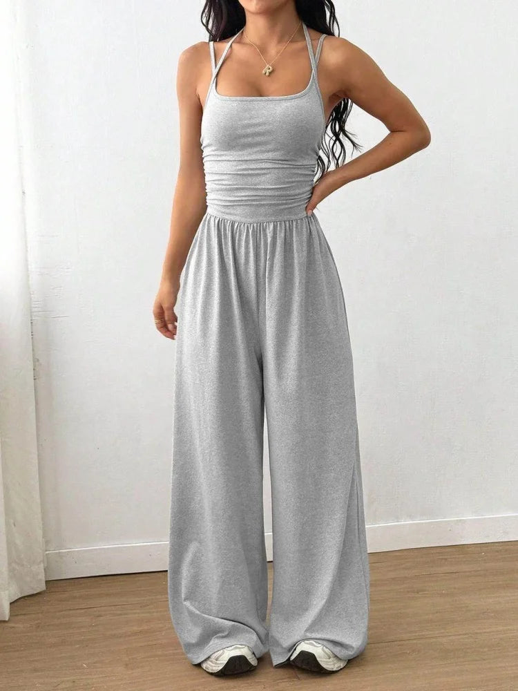 Women's Polyester Solid Square Neck Ruched Waist Wide Leg Jumpsuit