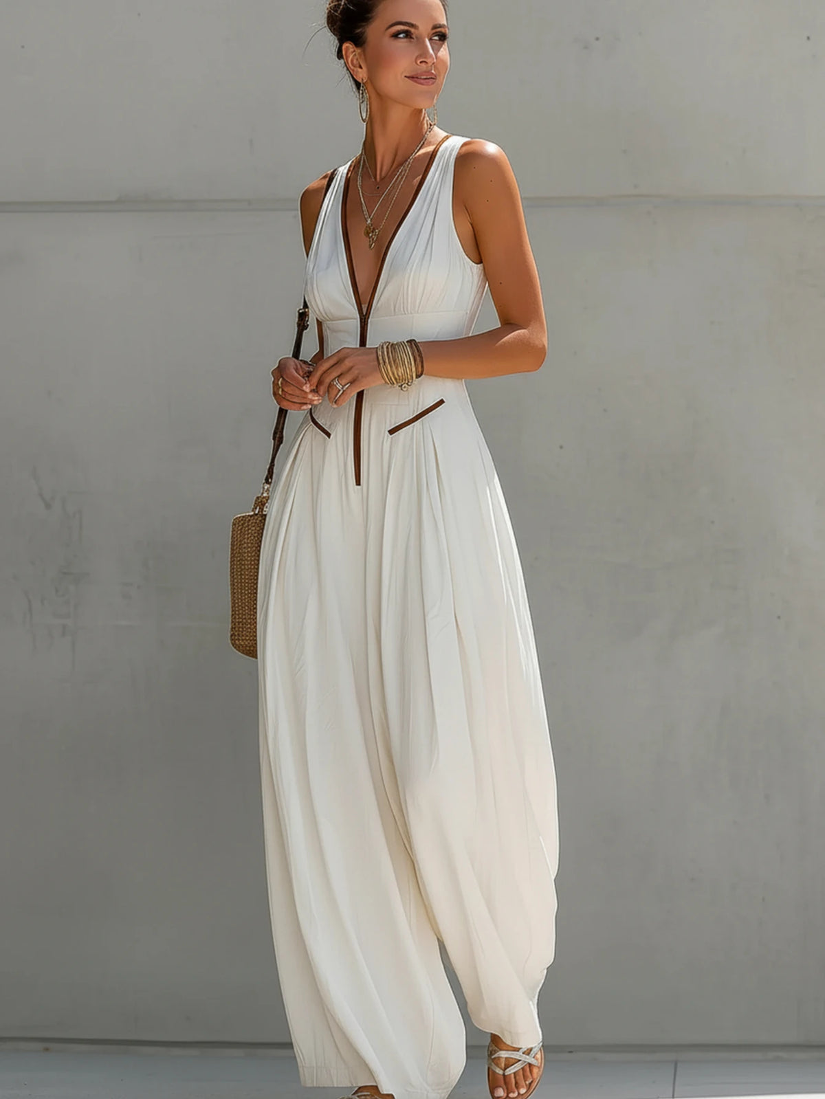 Women'S Sleeveless V Neck Zipper Wide Leg Polyester Jumpsuit