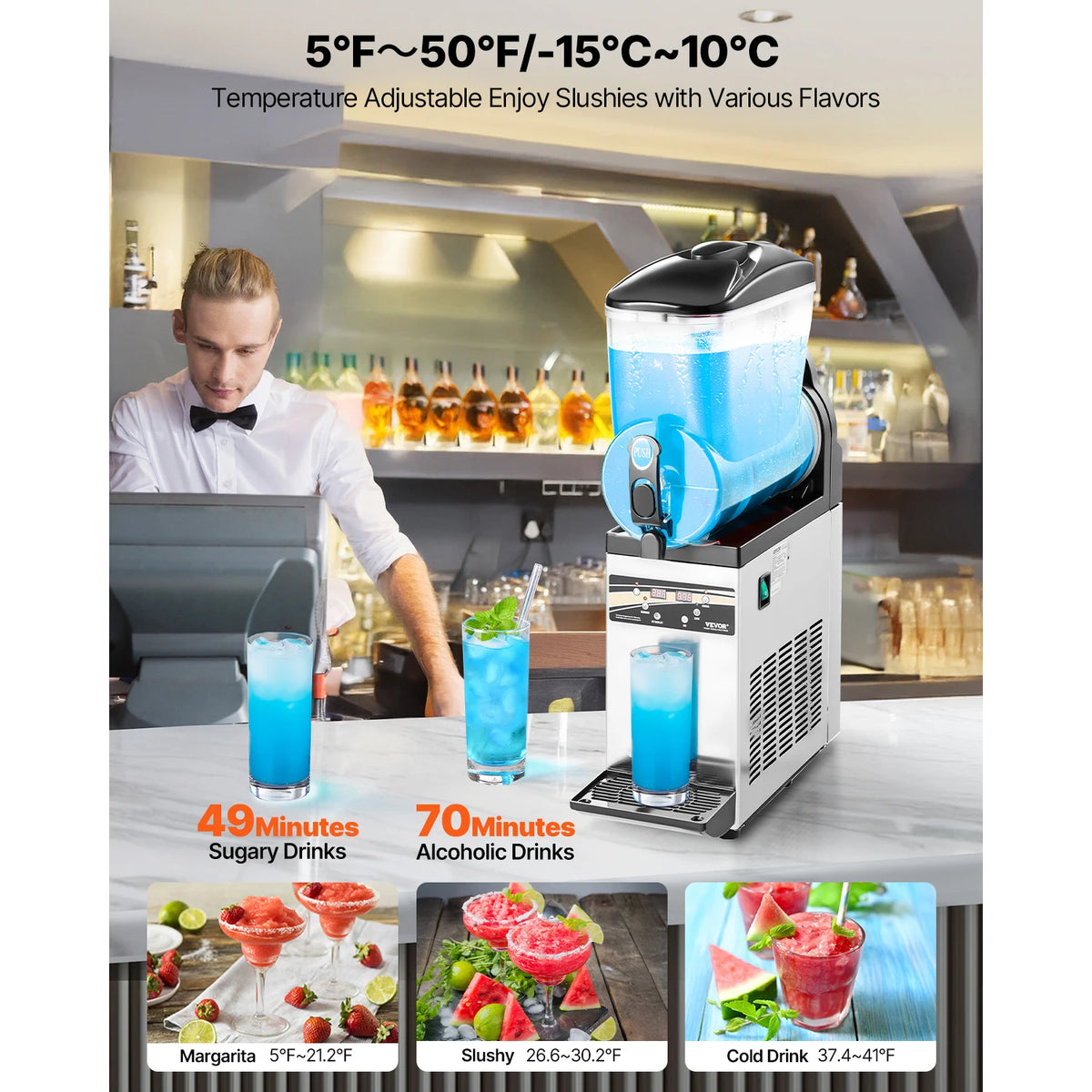 Succebuy 15L Commercial Frozen Drink Maker Single Tank Slushy Machine,Slushie Maker for Home Party Restaurants Cafe Bars
