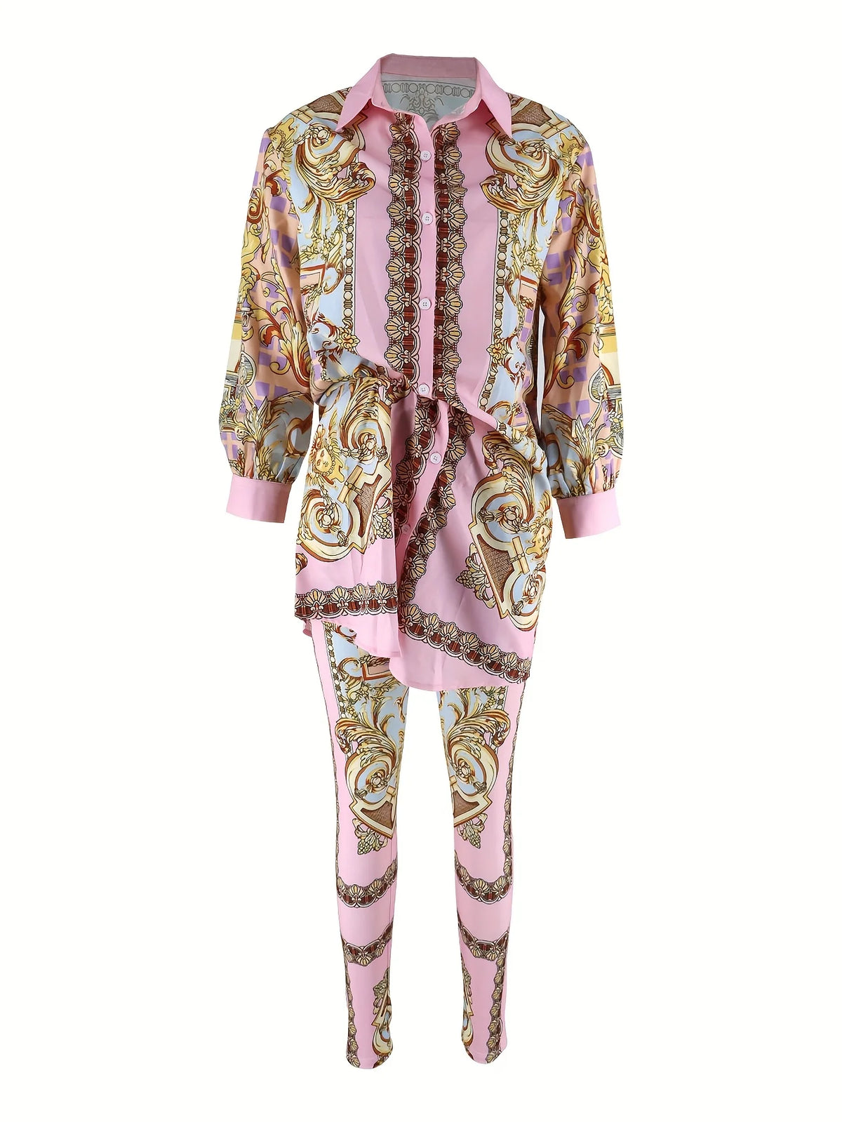 Elegant Women Two Piece Knit Jersey Matching Set With Ornate Print Button Shirt Top And Pants