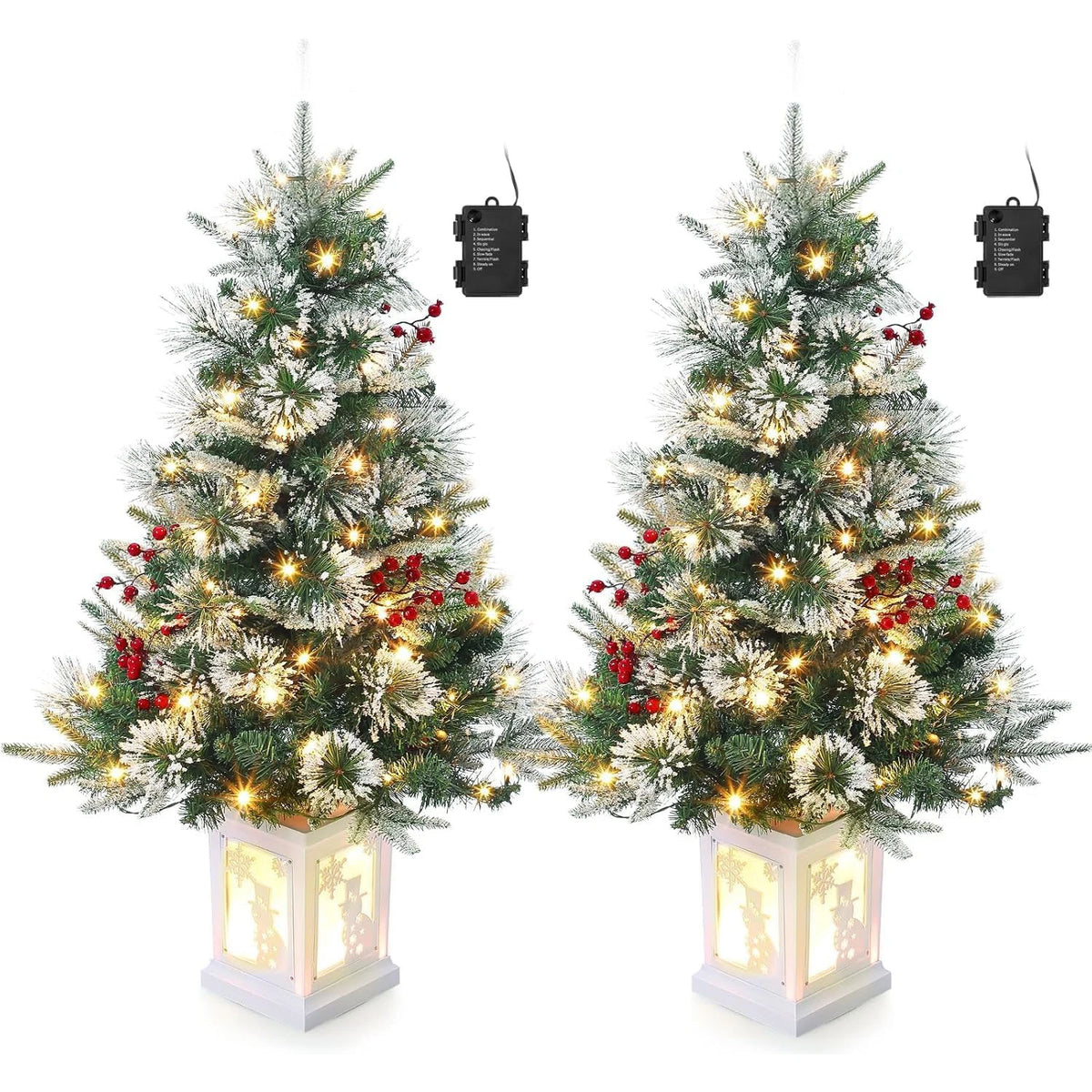 Pre-Lit Artificial Christmas Trees With Potted Bases, 8 Lighting Modes