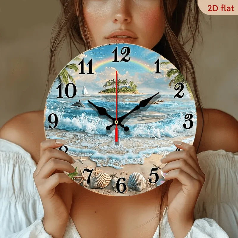 Tropical Beach Ocean Wooden Wall Clock With Rainbow Dolphins Seashells