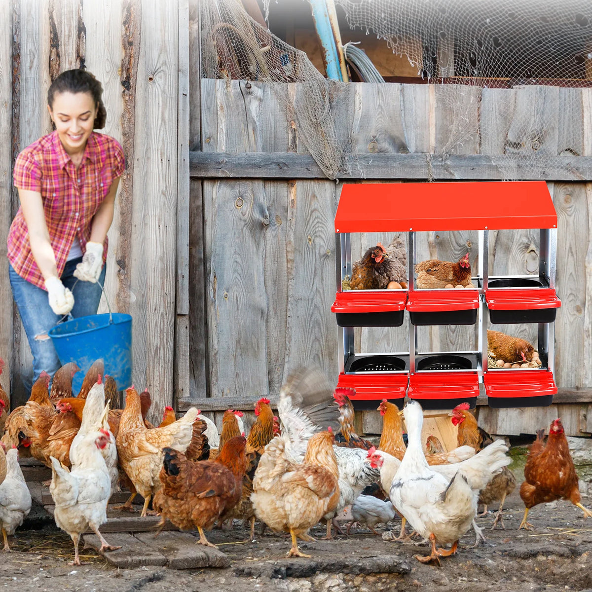 HiMISS Metal Hen Nesting Box With Roll Out Egg Collection Multi Compartment Chicken Coop
