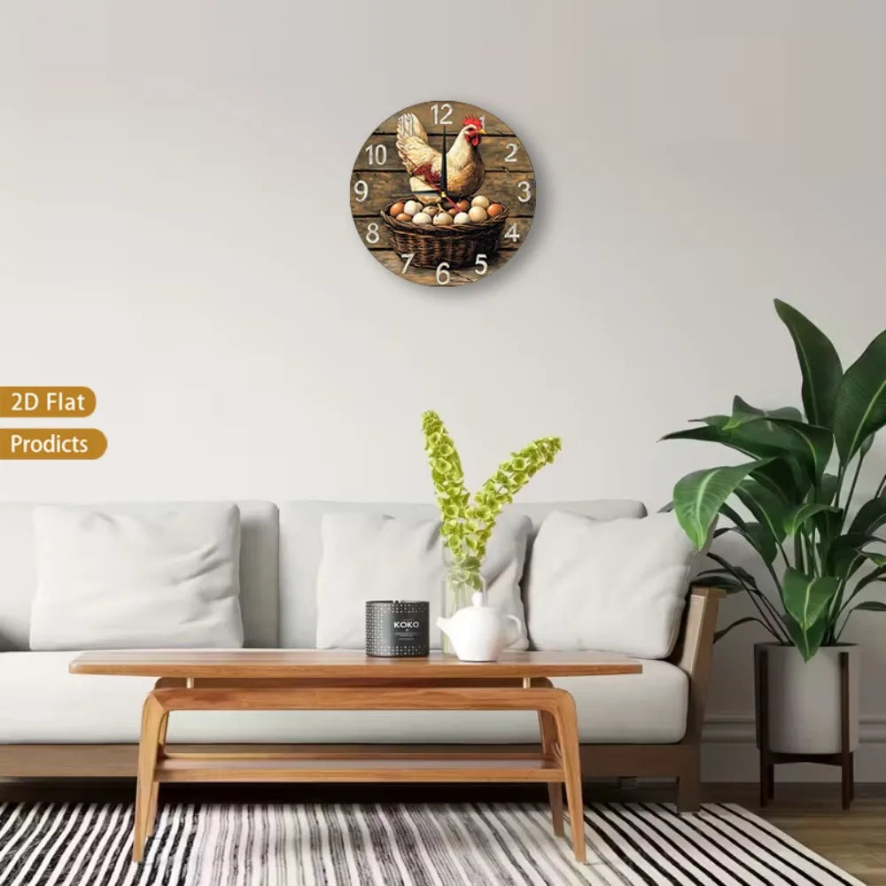 Farmhouse Chicken Wall Clock Rustic Wood Silent Non Ticking Nursery Decor Chicks