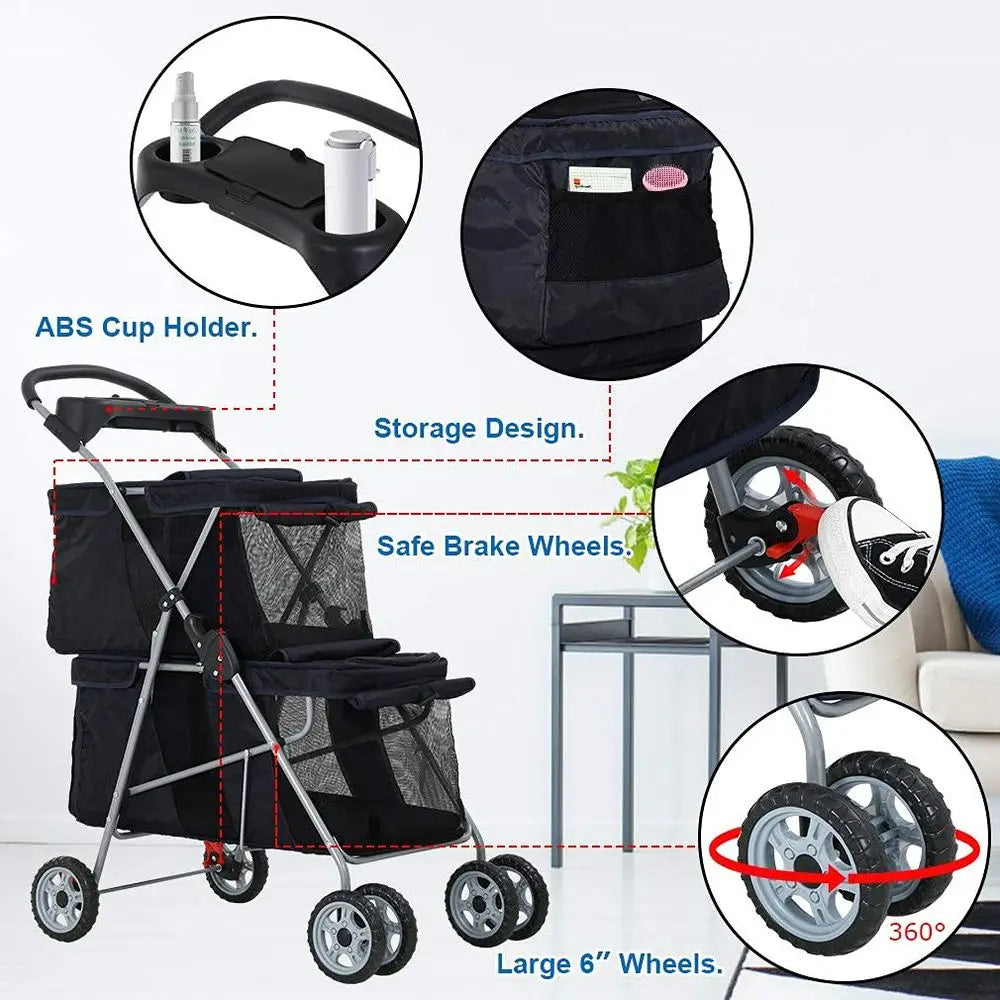 Durable Foldable Double Pet Stroller For Small Medium Dogs And Cats