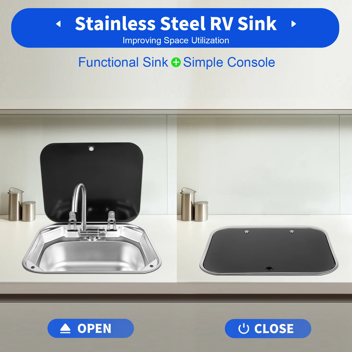 RV Sink With Foldable Tempered Glass Cover And Faucet Stainless Steel Camper Van