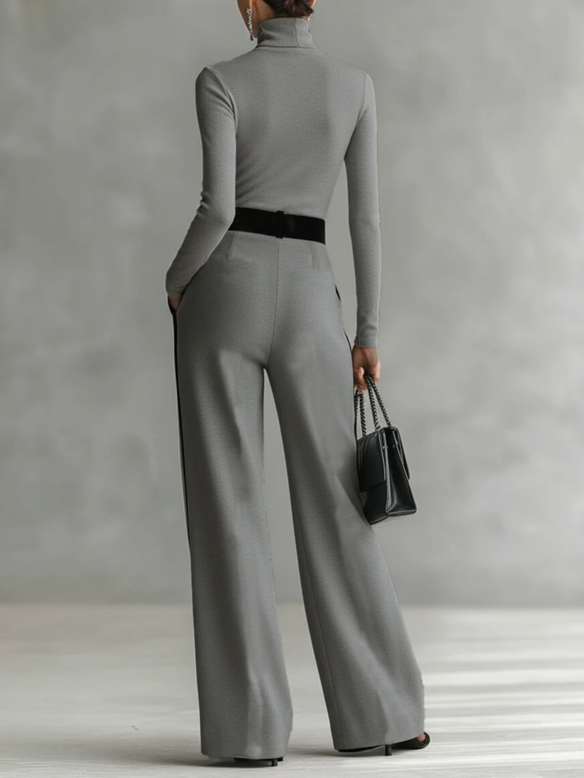 Women Two Piece Set Turtleneck Top Wide Leg Pants