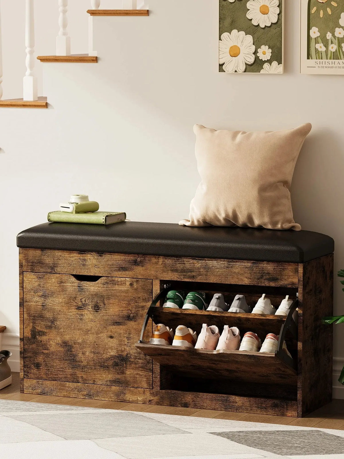 Shoe Storage Bench with Lift Top, 2 Flip Drawers & Padded Seat Cushion - Entryway, Hallway, Living Room Shoe Organizer Cabinet