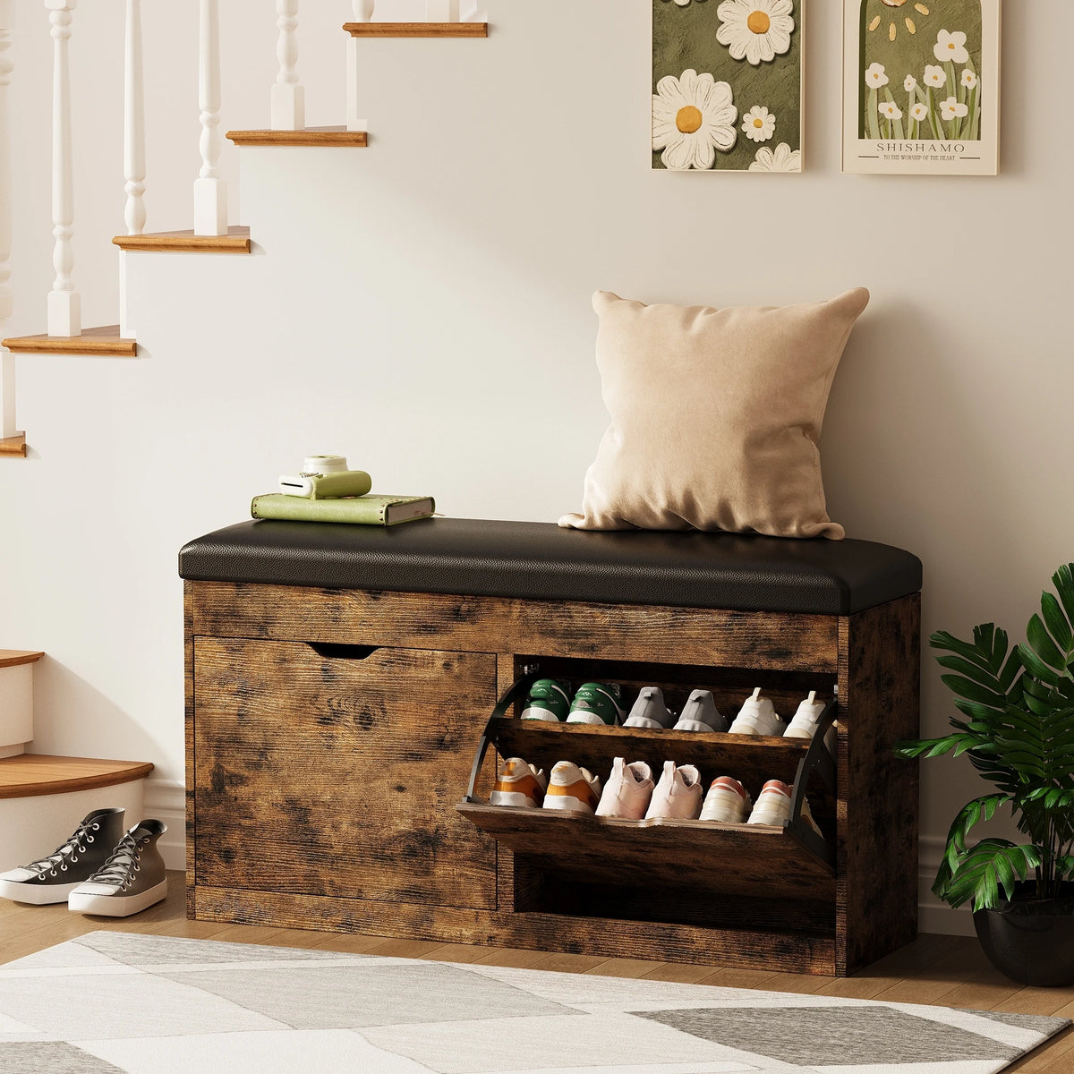 Shoe Storage Bench with Lift Top, 2 Flip Drawers & Padded Seat Cushion - Entryway, Hallway, Living Room Shoe Organizer Cabinet
