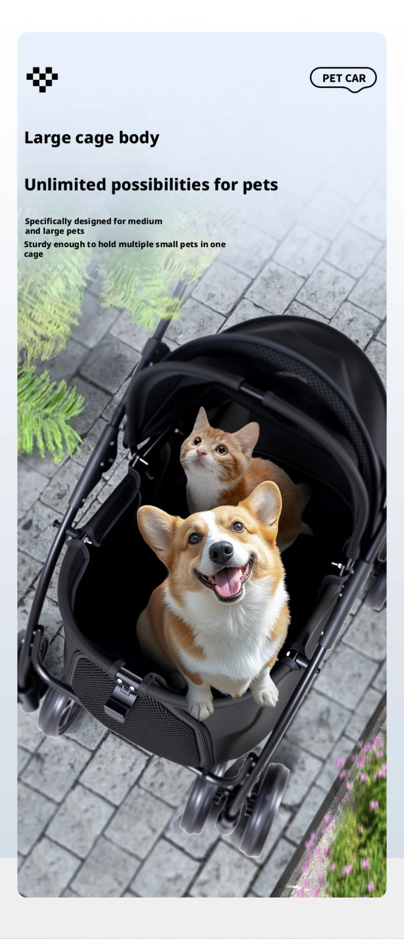4-Wheel Foldable Pet Stroller with Low 19cm Chassis, Shock-Absorbing 360° Swivel Wheels, Breathable Mesh Windows & Storage Pocket, One-Click Folding Travel Cart for Small Medium Dogs & Cats