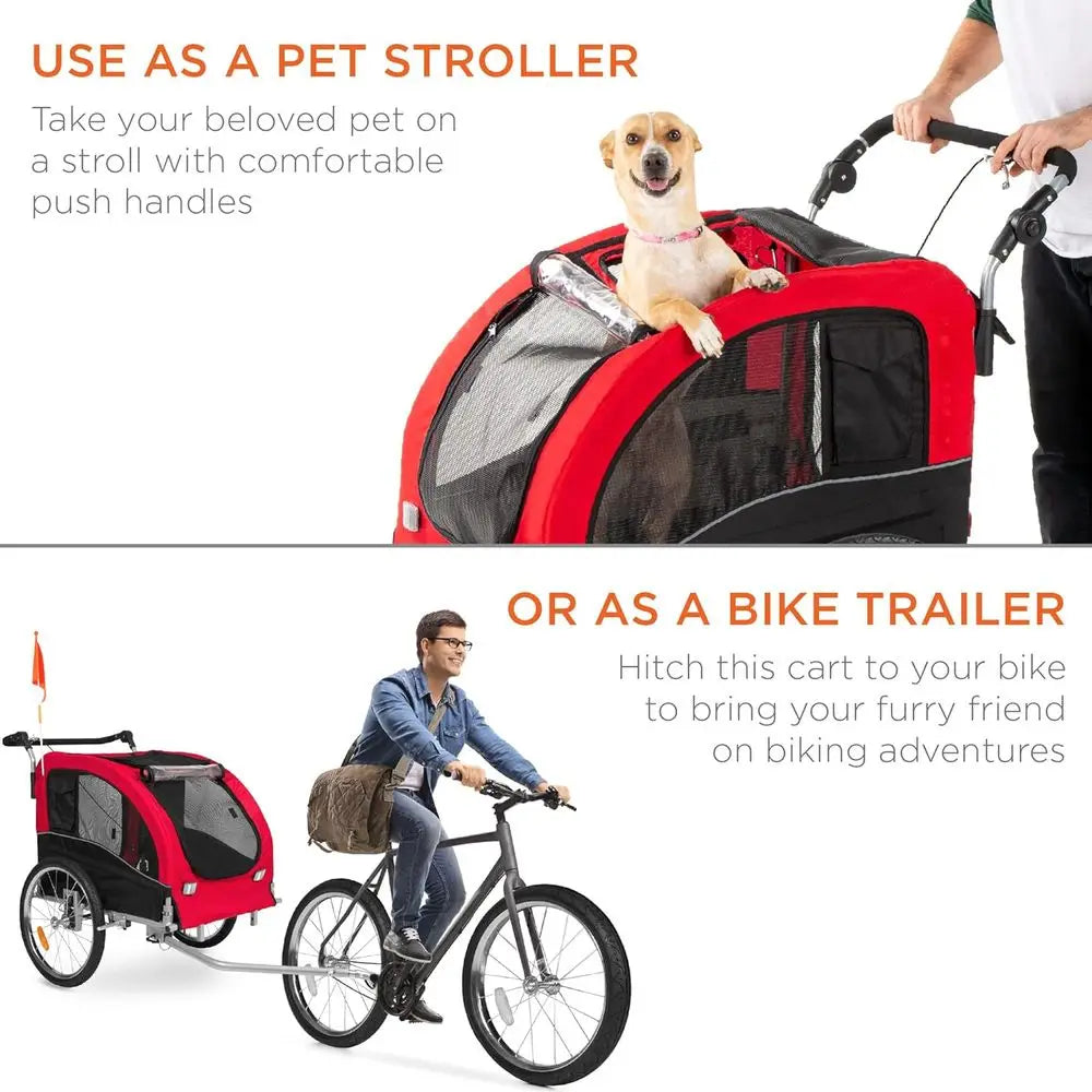 2-in-1 Dog Bike Trailer, Pet Stroller ycle Carrier w/Hitch, Suspension, Visibility lag and Relect, 66lb Weight acity