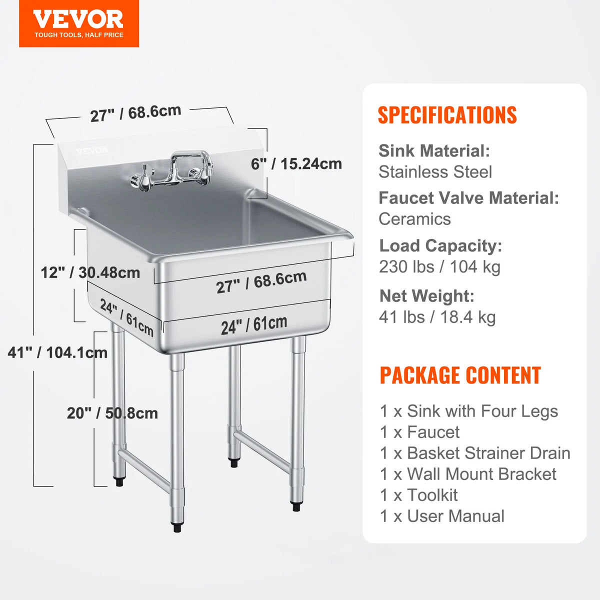 Stainless Steel Commercial Kitchen Sink With Faucet Free Standing Frame