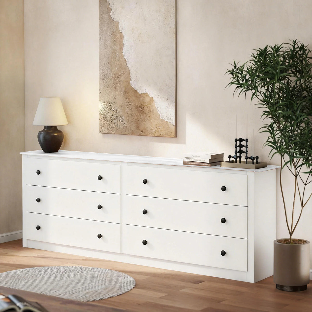 JHK 59IN Wood 6 Dresser Drawers Cabinet for Living Room Stable Structure Storage Wide Chest of Drawers Furniture For Bedroom