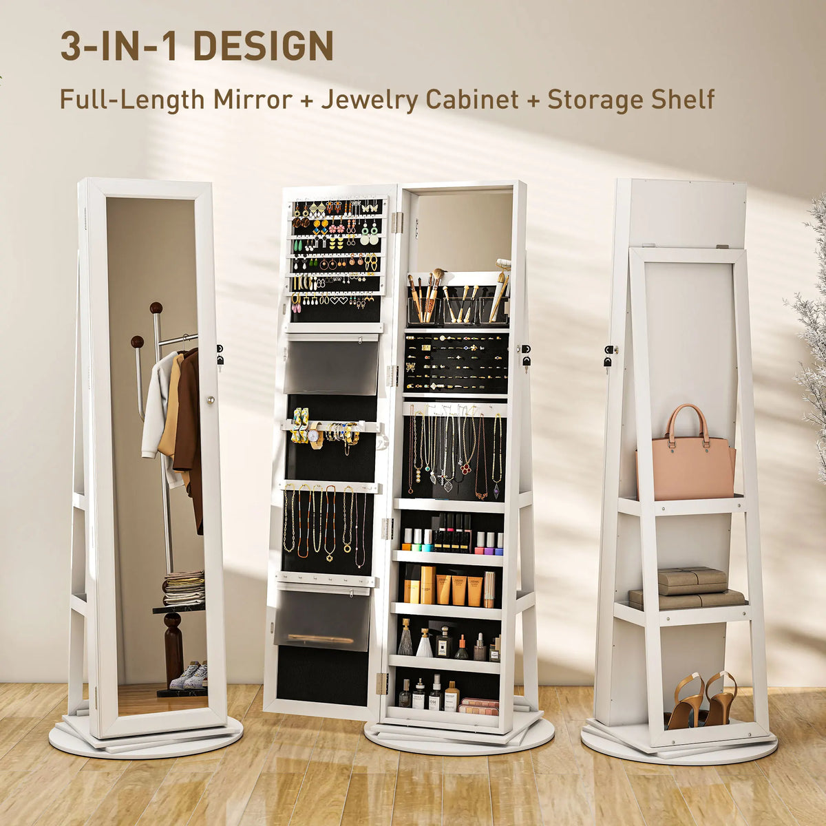 360 Degree Swivel Jewelry Cabinet Armoire With Lockable Full Length Mirror