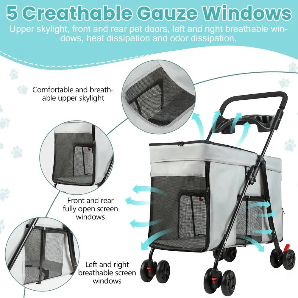 Dog Stroller 360-degree Wheels Foldable Pet Cart 5 Ventilation Windows Removable Tray Outdoor Travel for Small Medium Dogs Cats