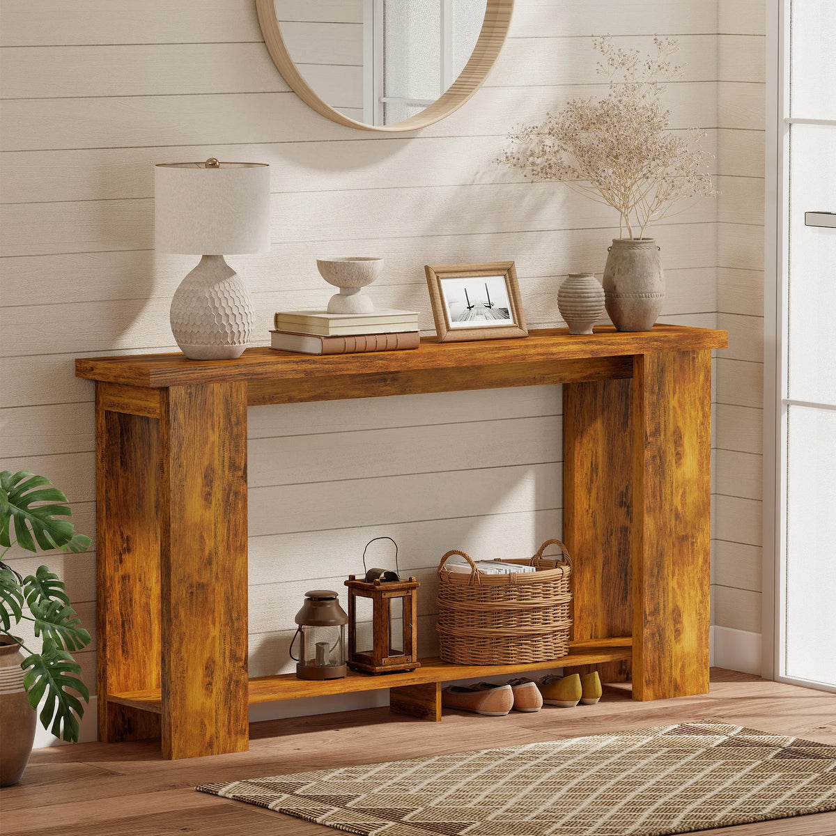 Wooden Entryway Console Table With Storage Shelf Farmhouse Style