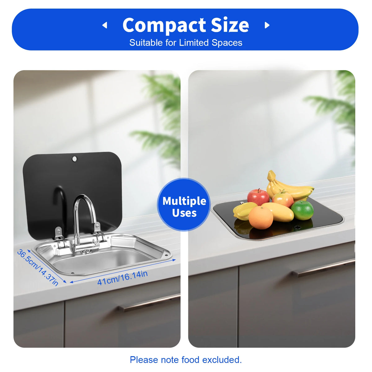 RV Sink With Foldable Tempered Glass Cover And Faucet Stainless Steel Camper Van