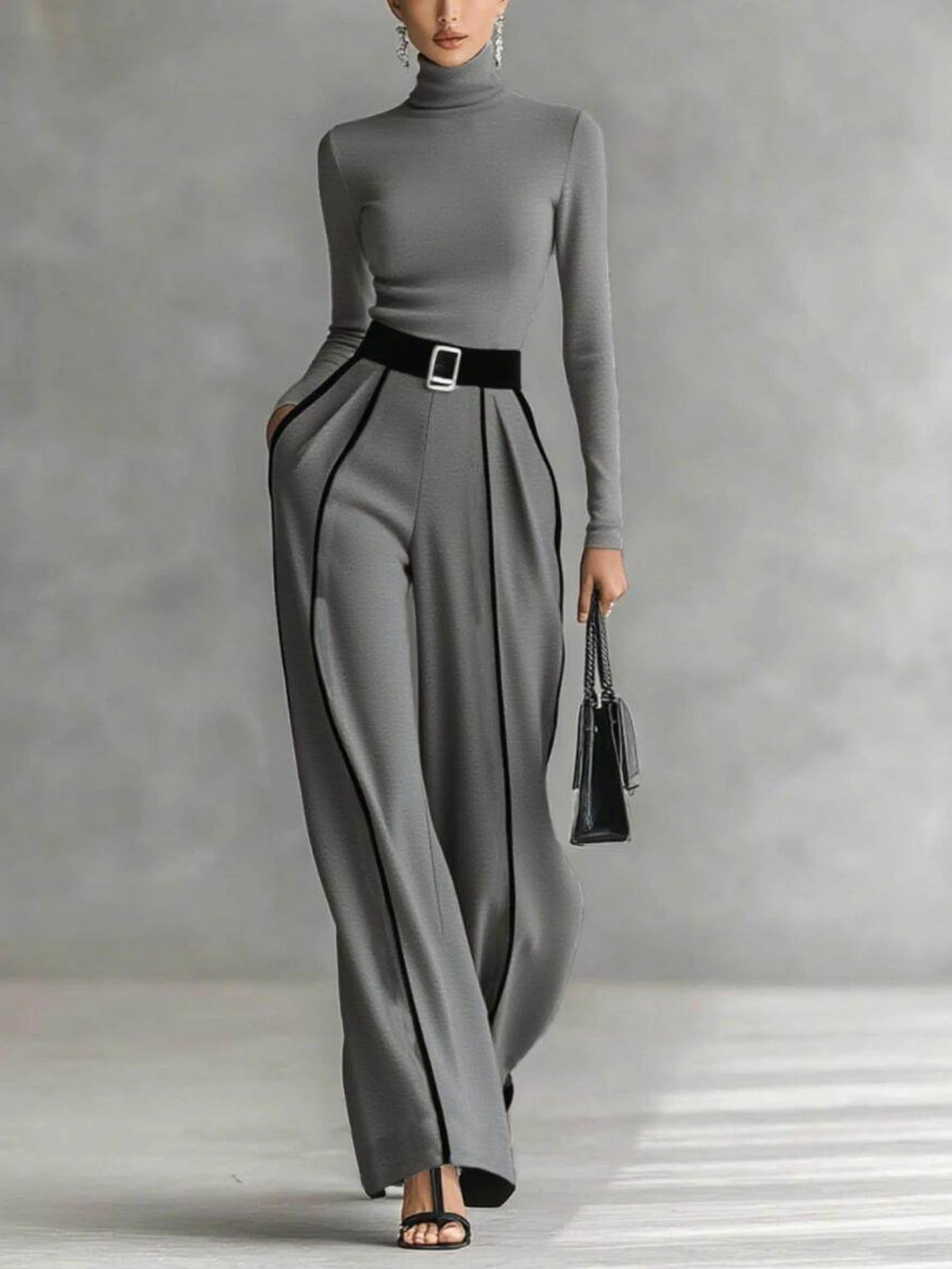Women Two Piece Set Turtleneck Top Wide Leg Pants