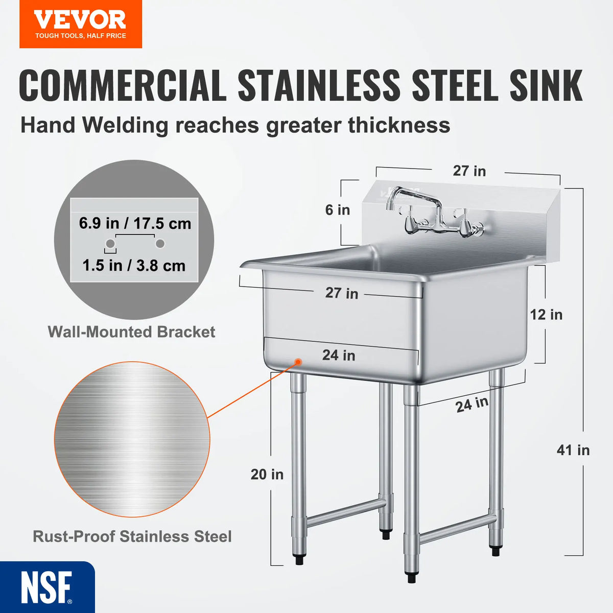 Stainless Steel Commercial Kitchen Sink With Faucet Free Standing Frame